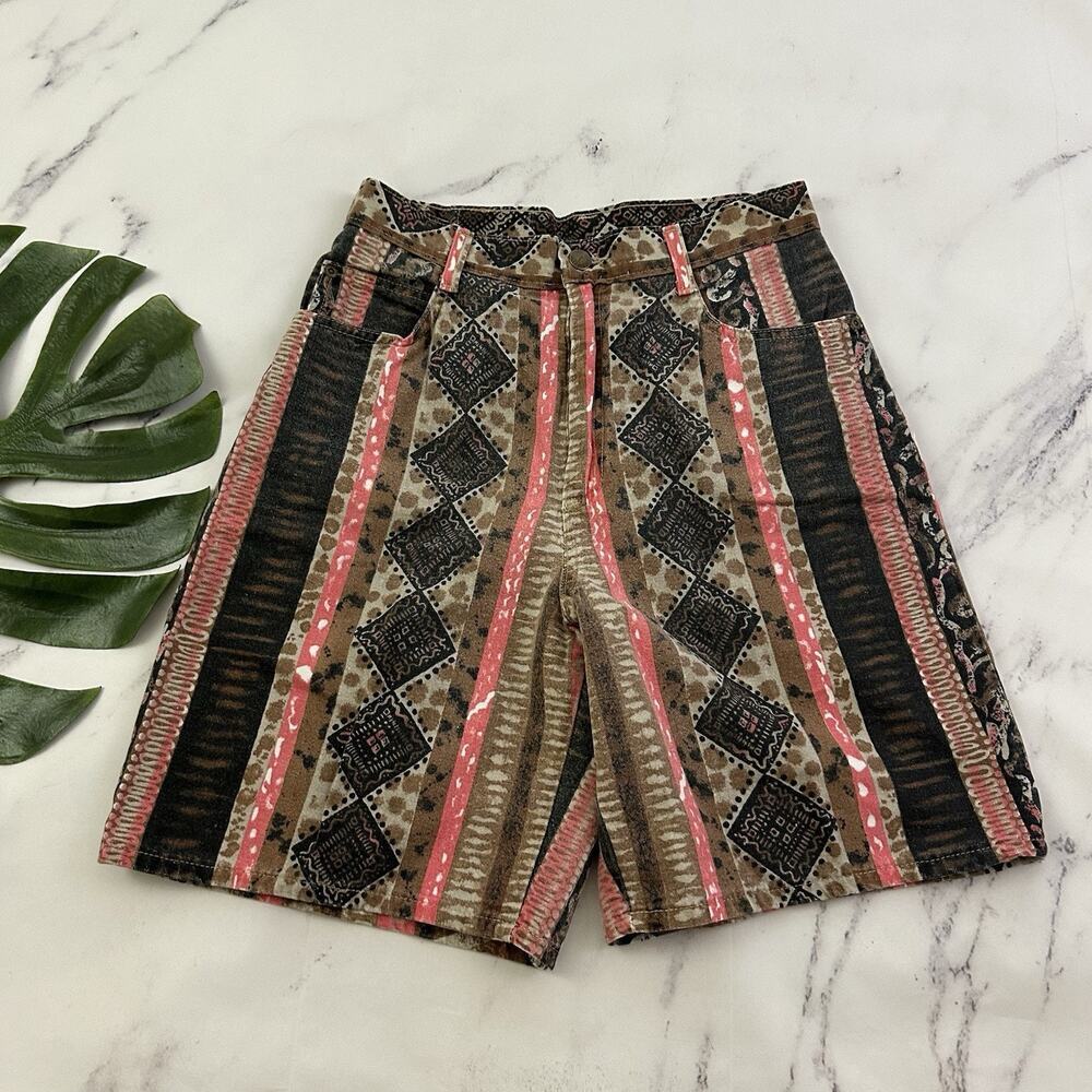 Hunt Club Womens Vintage 90s High Rise Shorts Size 10 Brown Pink Print Denim